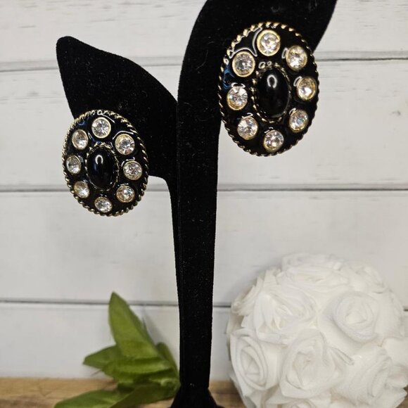Vintage Gold/Black Enamel Rhinestone Clip on Earrings - Picture 1 of 4